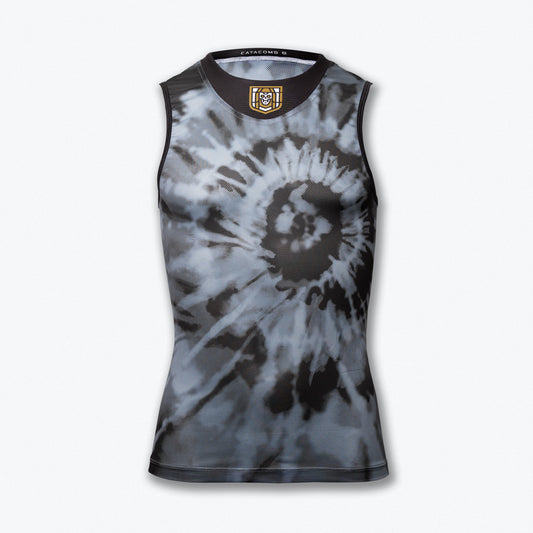 Catacomb Cycling Tye Die Undershirt. Black and white tie dye print with gold Catacomb Cycling logo